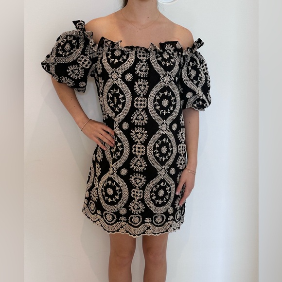 LoveShackFancy Miranda Off-Shoulder Black & Cream Eyelet Mini Dress size M - Picture 2 of 7